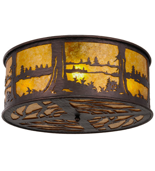 Meyda Lighting Quiet Pond 26" 4-Light Mahogany Bronze Flush Mount Light With Amber Mica Shade Glass