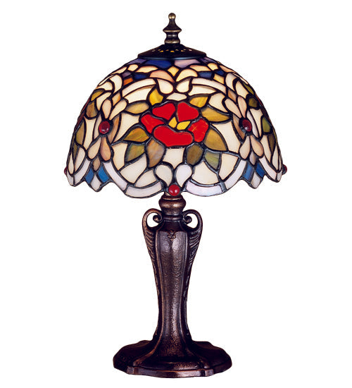 Meyda Lighting Renaissance Rose 13" Mahogany Bronze Mini Table Lamp With Multi-Colored Shade Glass