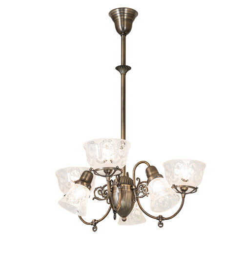 Meyda Lighting Revival 27" 6-Light Antique Brass Gas & Electric Chandelier With Clear Textured Shade Glass