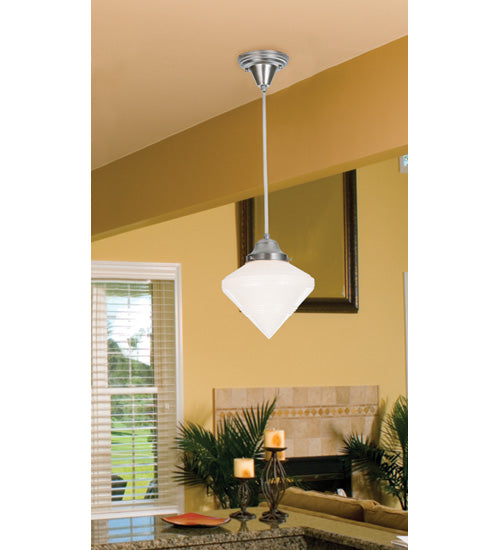 Meyda Lighting Revival 9" Antique Nickel Schoolhouse Mini Pendant Light With White Opal Deco Cone Shade Glass