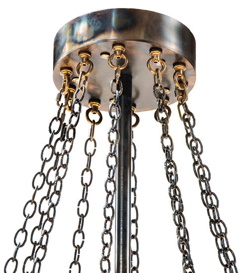 Meyda Lighting Roosevelt 115" 40-Light Dark Burnished Antique Copper "Big Ass" Chandelier With Amber Mica Shade Glass and Fan