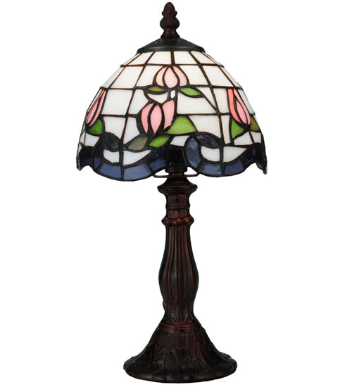 Meyda Lighting Roseborder 14" Mahogany Bronze Mini Table Lamp With Multi-Colored Shade Glass