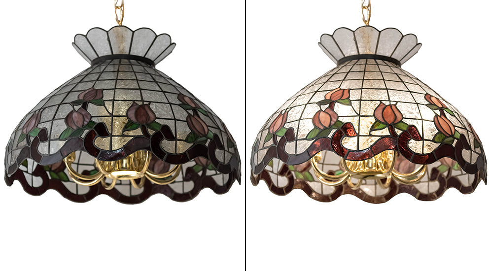 Meyda Lighting Roseborder 20" 9-Light Polished Brass Pendant Light With Multi-Colored Shade Glass