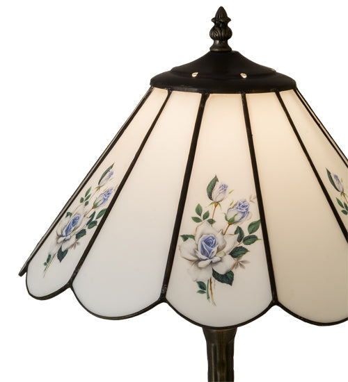 Meyda Lighting Roses 21" Mahogany Bronze Table Lamp With Spectrum White & Blue Roses Shade Glass
