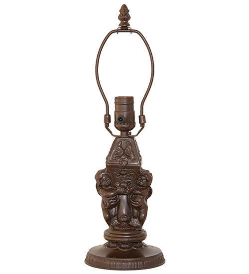 Meyda Lighting Roussillon 17" Mahogany Bronze Cherub Lantern Mini Table Lamp With Amber & Green Shade Glass