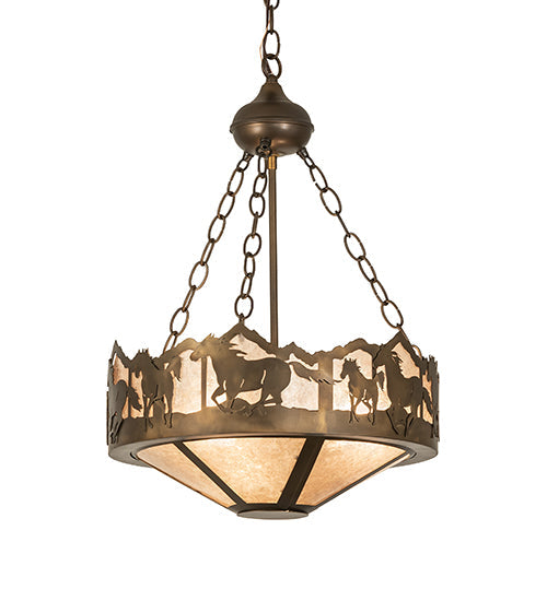 Meyda Lighting Running Horses 16" 3-Light Antique Copper Inverted Pendant Light With Silver Mica Shade Glass