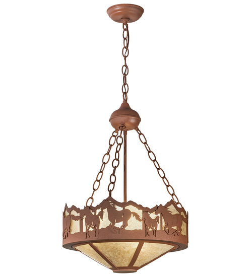 Meyda Lighting Running Horses 16" 3-Light Rust Inverted Pendant Light With Silver Mica Shade Glass