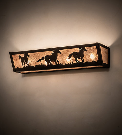 Meyda Lighting Running Horses 24" 4-Light Oil Rubbed Bronze Vanity Light With Silver Mica Shade Glass