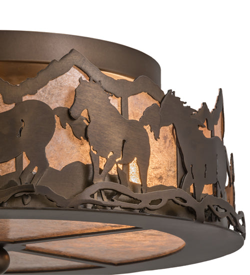 Meyda Lighting Running Horses 254703 16" 3-Light Antique Copper Flush Mount Light With Silver Mica Shade Glass
