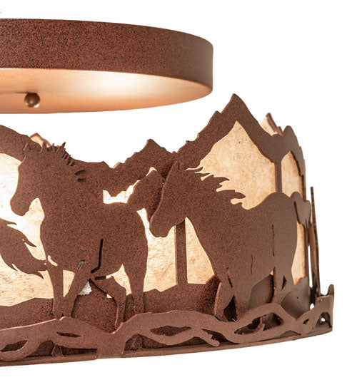 Meyda Lighting Running Horses 254823 16" 3-Light Rust Flush Mount Light With Silver Mica Shade Glass