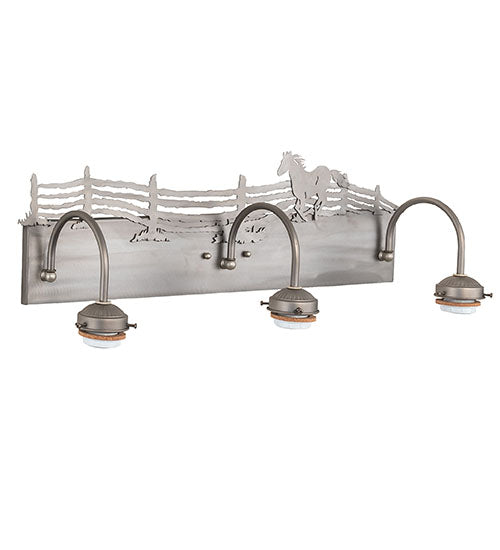 Meyda Lighting Running Horses 27" 3-Light Industrial Steel Vanity Light With White Opal Shade Glass