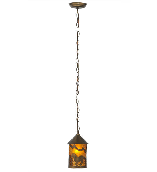 Meyda Lighting Running Horses 6" Antique Copper Mini Pendant Light With Amber Mica Shade Glass