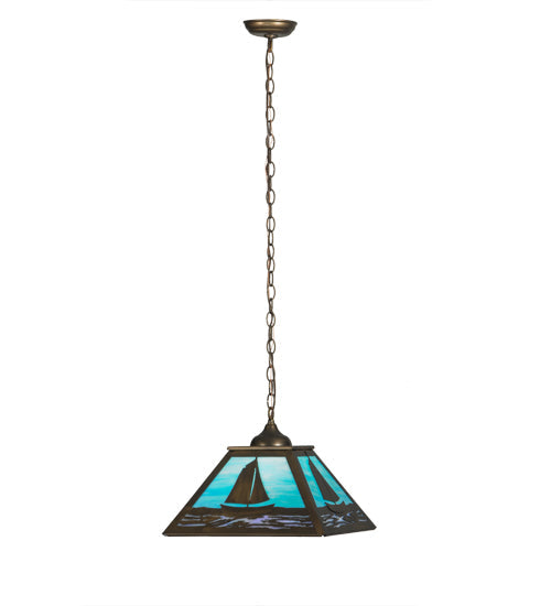 Meyda Lighting Sailboat 22" Antique Copper Pendant Light With Sky Blue and Light Blue Shade Glass