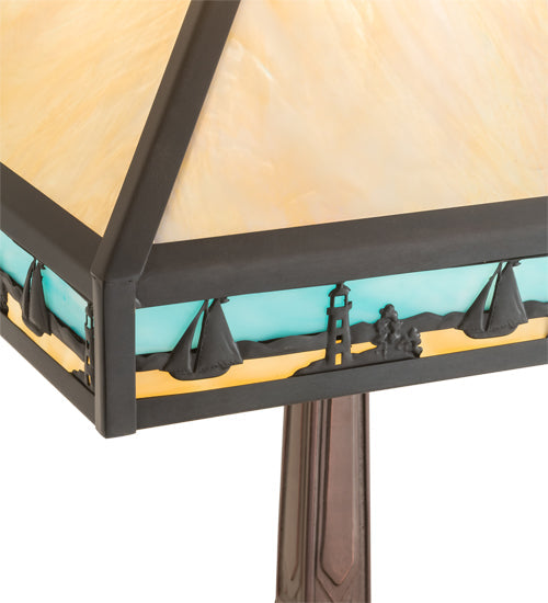 Meyda Lighting Sailboat 23" Craftsman Brown Mission Table Lamp With Blue & Beige Shade Glass