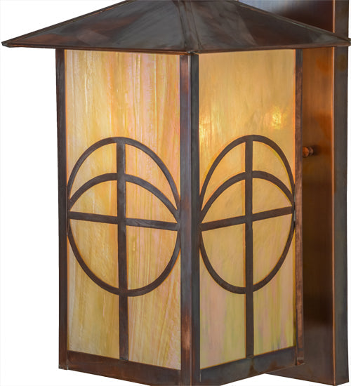 Meyda Lighting Seneca 10" Vintage Copper Circle Cross Solid Mount Wall Sconce With Beige Iridescent Shade Glass
