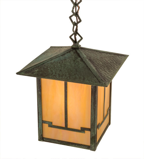 Meyda Lighting Seneca 13" Craftsman Verdigris Valley View Pendant Light With Beige Iridescent Shade Glass