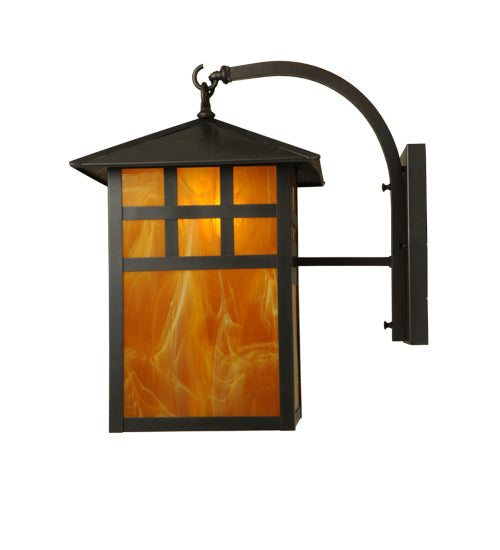 Meyda Lighting Seneca 14" Craftsman Brown Window Pane Curved Arm Wall Sconce With Honey Amber Frosted Shade Glass