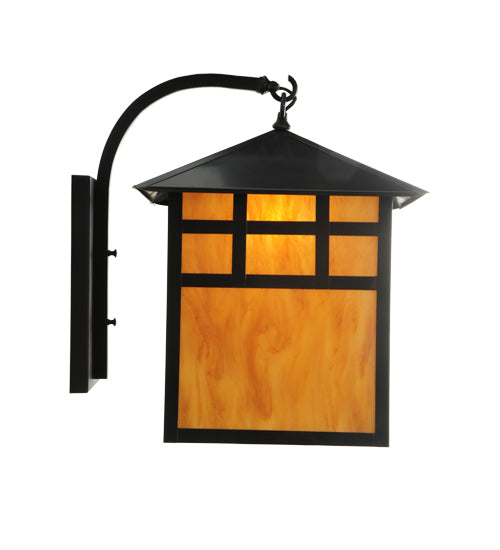 Meyda Lighting Seneca 16" Craftsman Brown Window Pane Curved Arm Wall Sconce With Ambra Siena Idalight Shade Glass