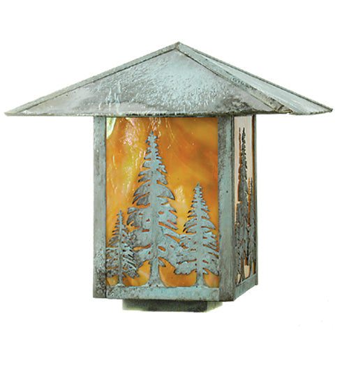 Meyda Lighting Seneca 16" Verdigris Tall Pines Outdoor Deck Light With Beige Iridescent Art Shade Glass