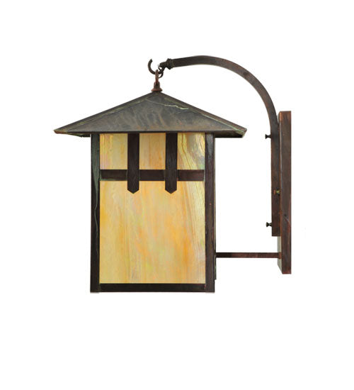 Meyda Lighting Seneca 16" Vintage Copper Left Double Cross Mission W/ Branch Curved Arm Wall Sconce With Beige Shade Glass