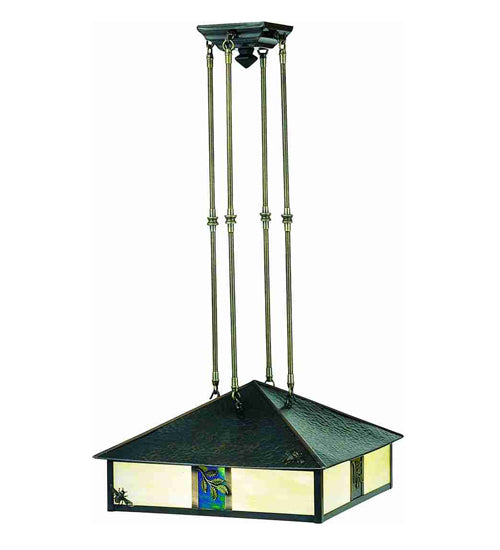 Meyda Lighting Seneca 18"Sq 3-Light Craftsman Brown Sprig Pendant Light With Beige & Emerald Iridescent Shade Glass