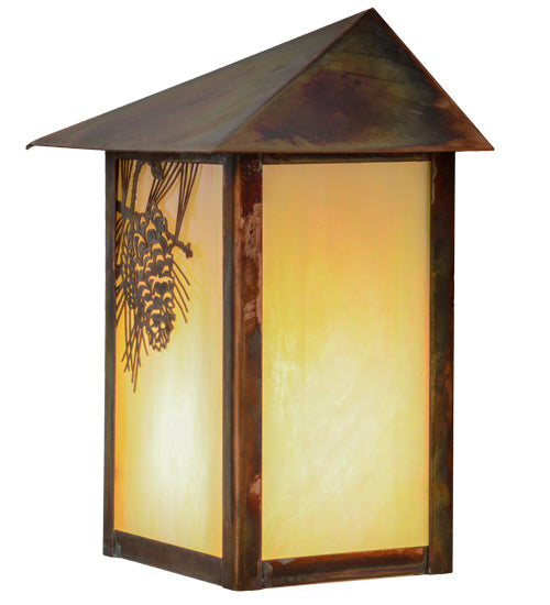 Meyda Lighting Seneca 7" Vintage Copper Winter Pine Wall Sconce With Beige Iridescent Art Shade Glass