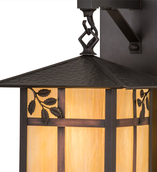 Meyda Lighting Seneca 9" Craftsman Brown Sprig Hanging Wall Sconce With Beige Iridescent Art Shade Glass