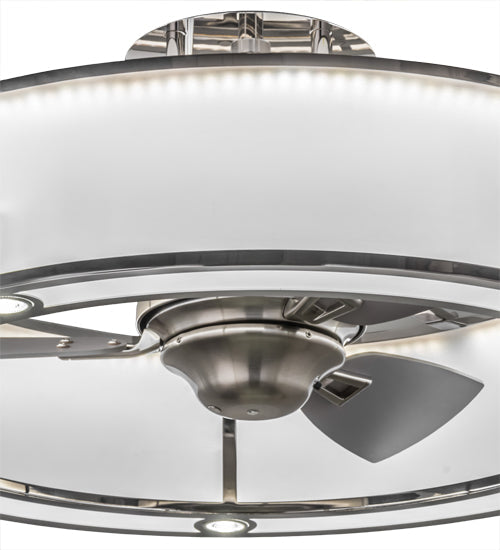 Meyda Lighting Smythe Craftsman 36" 5-Light LED Polished Stainless Steel Chandelier With White Shade Glass and Fan