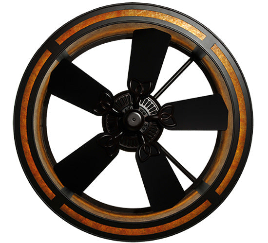 Meyda Lighting Smythe Craftsman 37" LED Strip Oil Rubbed Bronze Chandelier With Amber Mica Shade Glass and Black Fan