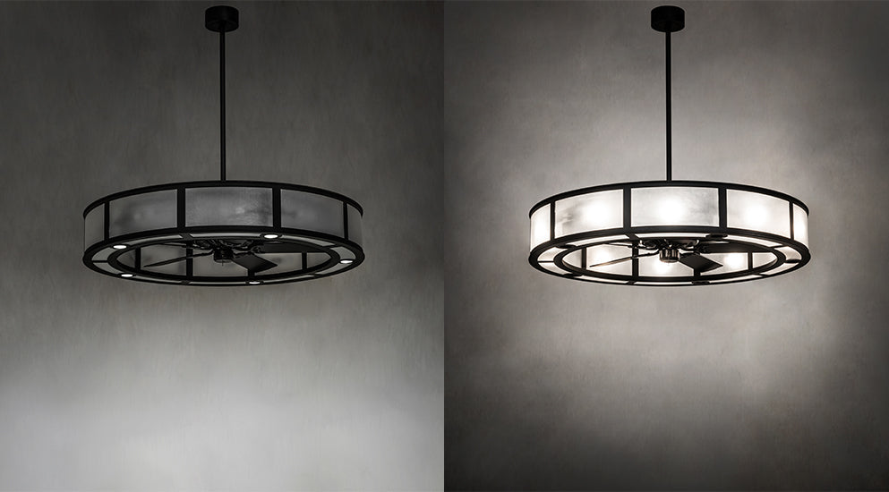 Meyda Lighting Smythe Craftsman 56" 15-Light Old Wrought Iron Chandelier With Clear Rainstone Idalight Shade and Fan