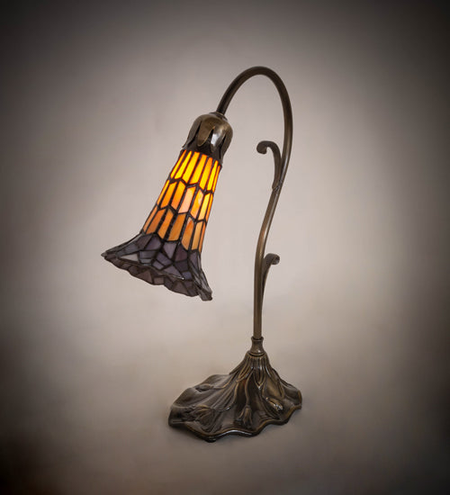 Meyda Lighting Stained Glass Pond Lily 15" Antique Brass Accent Table Lamp With Amber & Violet Shade Glass