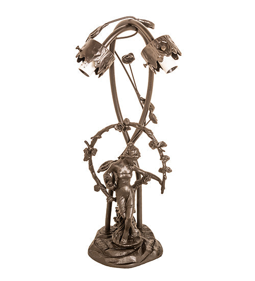 Meyda Lighting Stained Glass Pond Lily 17" 2-Light Mahogany Bronze Trellis Girl Accent Table Lamp With Pink & White Shade Glass