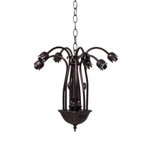 Meyda Lighting Stained Glass Pond Lily 24" 7-Light Mahogany Bronze Chandelier With Orange & Green Shade Glass