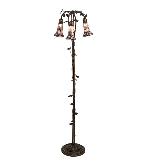 Meyda Lighting Stained Glass Pond Lily 255137 58" 3-Light Mahogany Bronze Floor Lamp With Pink Shade Glass