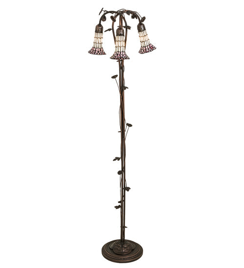 Meyda Lighting Stained Glass Pond Lily 255139 58" 3-Light Mahogany Bronze Floor Lamp With Pink & White Shade Glass