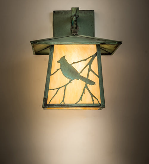Meyda Lighting Stillwater 12" Verdegris Song Bird Straight Arm Wall Sconce With Beige Iridescent Shade Glass
