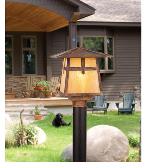 Meyda Lighting Stillwater 12"Sq Vintage Copper Cross Mission Outdoor Post Mount Light With Beige Iridescent Shade Glass