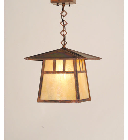 Meyda Lighting Stillwater 12"Sq Vintage Copper Double Bar Mission Ceiling Pendant Light With Beige Iridescent Shade Glass