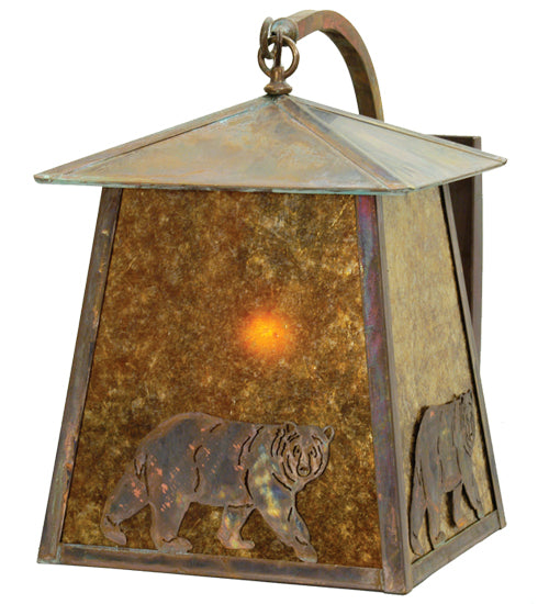 Meyda Lighting Stillwater 14" Vintage Copper Lone Bear Curved Arm Wall Sconce With Amber Mica Shade Glass