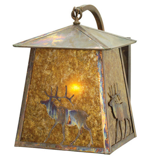 Meyda Lighting Stillwater 14" Vintage Copper Lone Elk Curved Arm Wall Sconce With Amber Mica Shade Glass