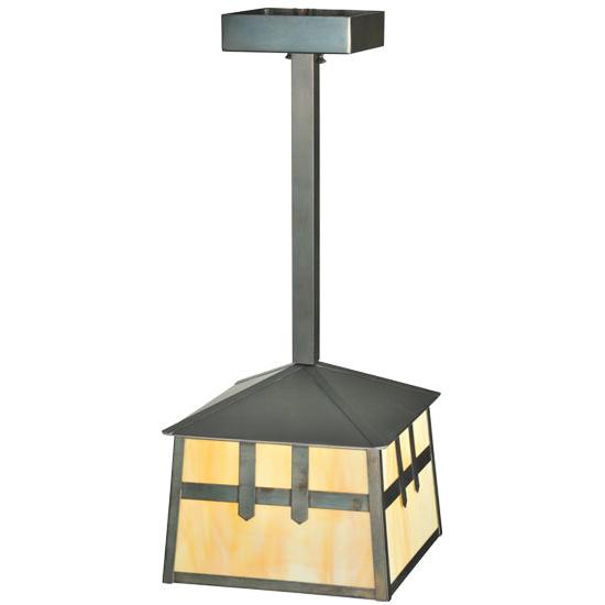 Meyda Lighting Stillwater 15" Craftsman Brown Double Cross Mission Mini Pendant Light With Beige Art Shade Glass