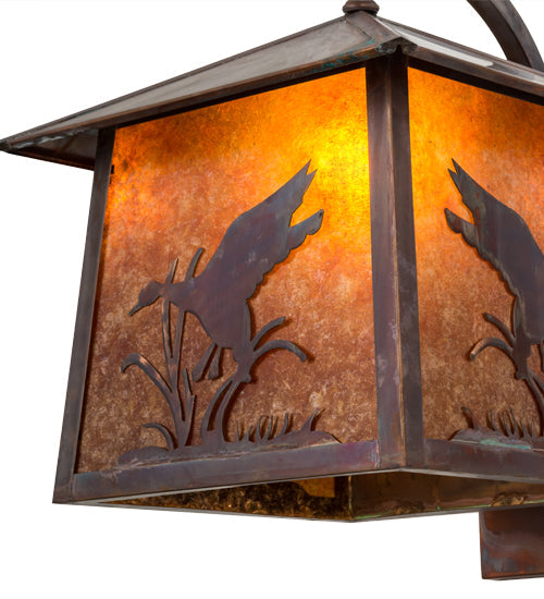 Meyda Lighting Stillwater 16" Vintage Copper Ducks in Flight Curved Arm Wall Sconce With Amber Mica Shade Glass
