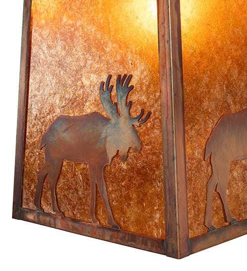 Meyda Lighting Stillwater 16" Vintage Copper Lone Moose Curved Arm Wall Sconce With Amber Mica Shade Glass