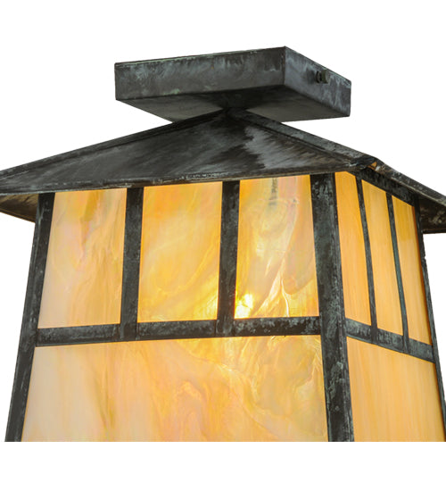 Meyda Lighting Stillwater 17" Verdigris Double Bar Mission Flush Mount Light With Beige Iridescent Shade Glass