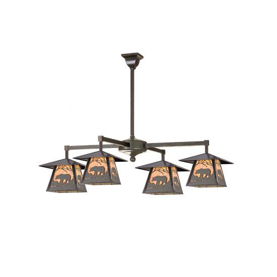 Meyda Lighting Stillwater 32" 4-Light Craftsman Brown Bear at Dawn Chandelier With Amber Mica Shade Glass