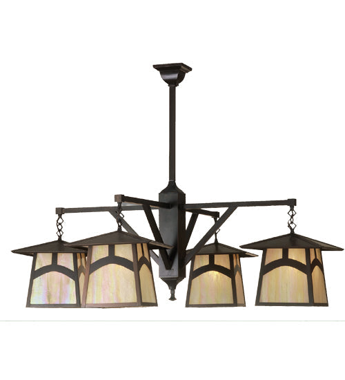 Meyda Lighting Stillwater 47" 4-Light Craftsman Brown Hill Top Chandelier With Beige Iridescent Shade Glass