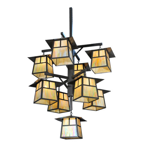 Meyda Lighting Stillwater 61" 9-Light Timeless Bronze T Mission Hanging Lantern Chandelier With Beige Iridescent Shade Glass