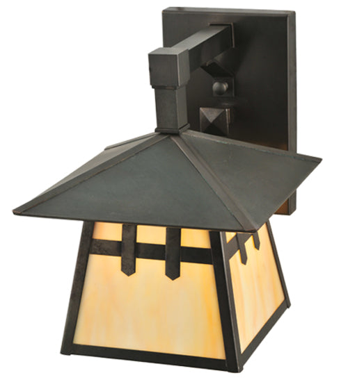 Meyda Lighting Stillwater 8" Craftsman Brown Double Cross Mission Wall Sconce With Beige Shade Glass