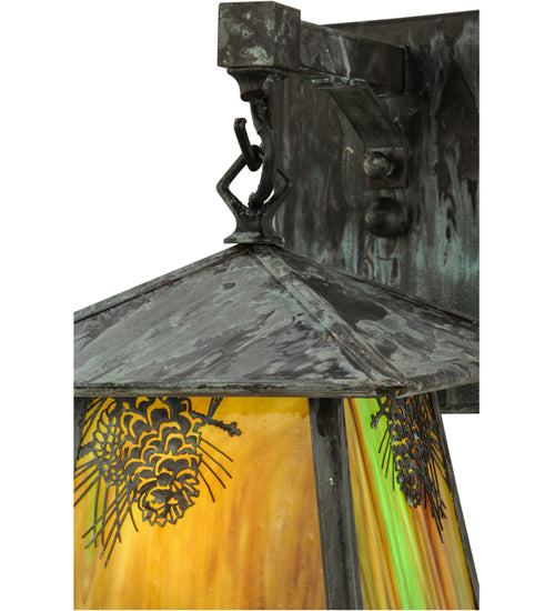 Meyda Lighting Stillwater 8" Verdigris Winter Pine Straight Arm Wall Sconce With Beige Iridescent Shade Glass