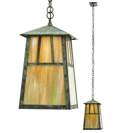 Meyda Lighting Stillwater 8"Sq Verdigris Double Bar Mission Pendant Light With Beige Iridescent Shade Glass